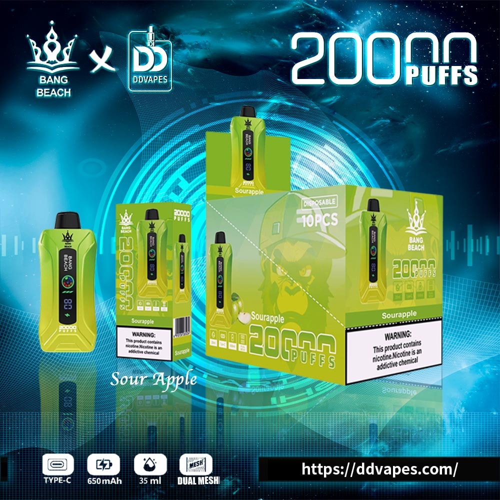 Promotional graphic for Bang Beach x DDVapes Sour Apple disposable vape, 20000 puffs
