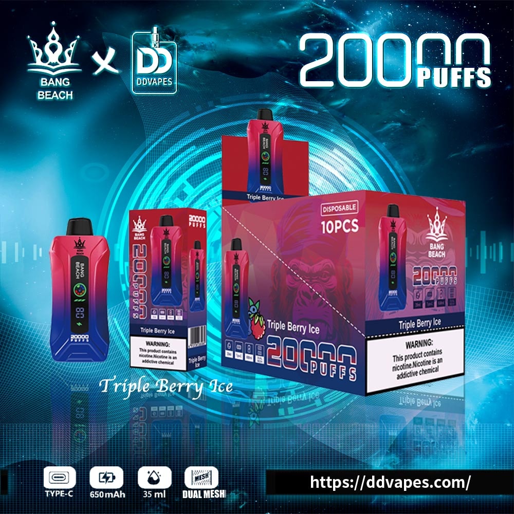 Promotional ad for Bang Beach x DDVapes Triple Berry Ice disposable vape, 20,000 puffs, with product boxes and device shown