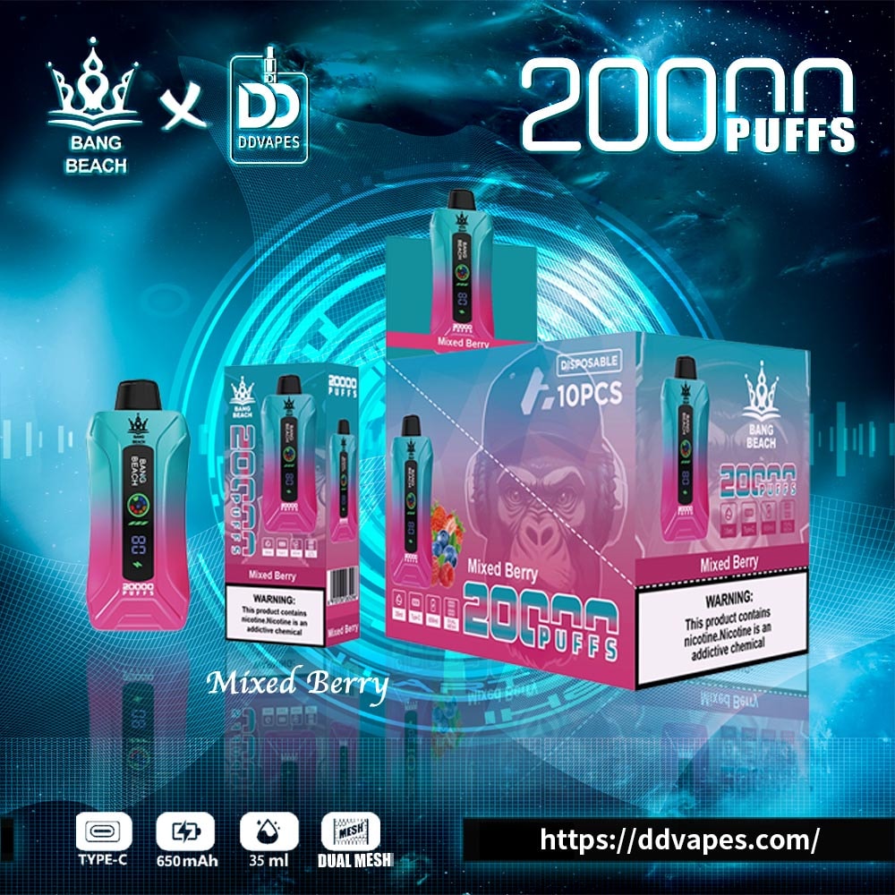 Promotional graphic for Bang Beach x DDVapes 20,000-puff mixed berry disposable vape, showing device and box packaging