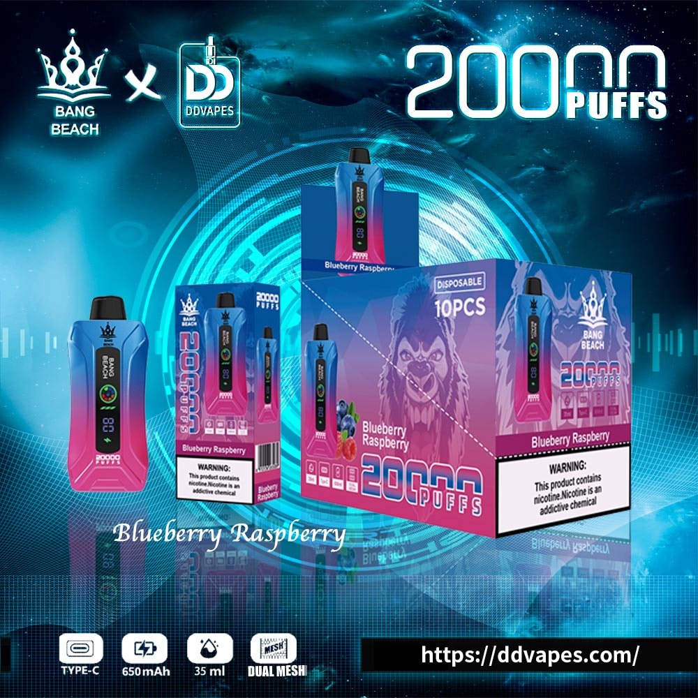 Promotional graphic for Bang Beach x DDVapes 20000 puffs blueberry raspberry disposable vape with box and device images