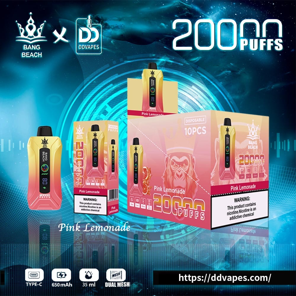 Bang Beach x DDVapes Pink Lemonade 20000 puffs disposable vape ad with device and packaging