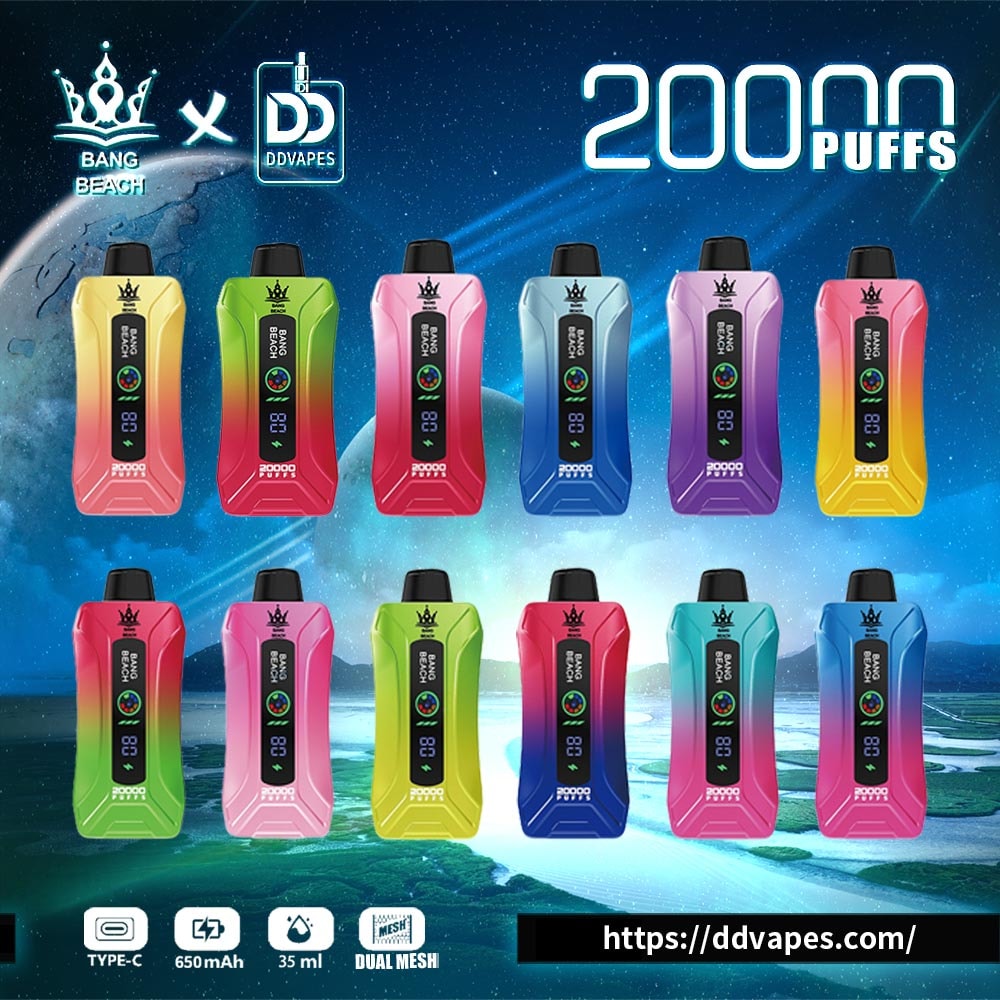 Colorful Bang Beach DDVapes disposable vapes displayed in rows with 20,000 puffs text and product features