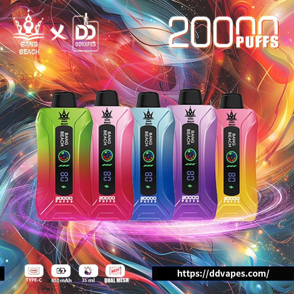 Colorful Bang Beach and DDVapes promo showing five 20000-puff vape devices with Type-C, 650 mAh, 35 ml, and dual mesh