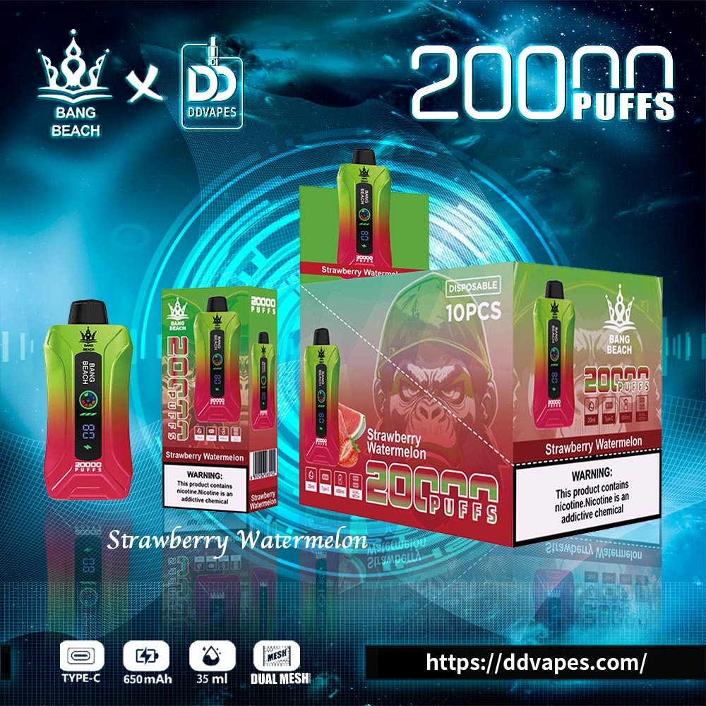Advertisement for Bang Beach x DDVapes Strawberry Watermelon disposable vape, 20,000 puffs, shown with packaging and device
