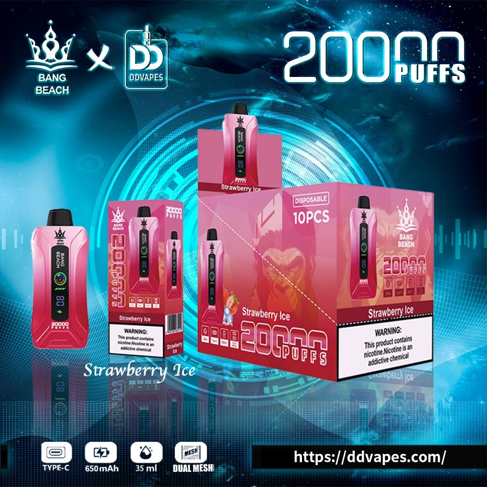 Promotional ad for Bang Beach x DDVapes Strawberry Ice disposable vape, 20,000 puffs, with product boxes and website URL