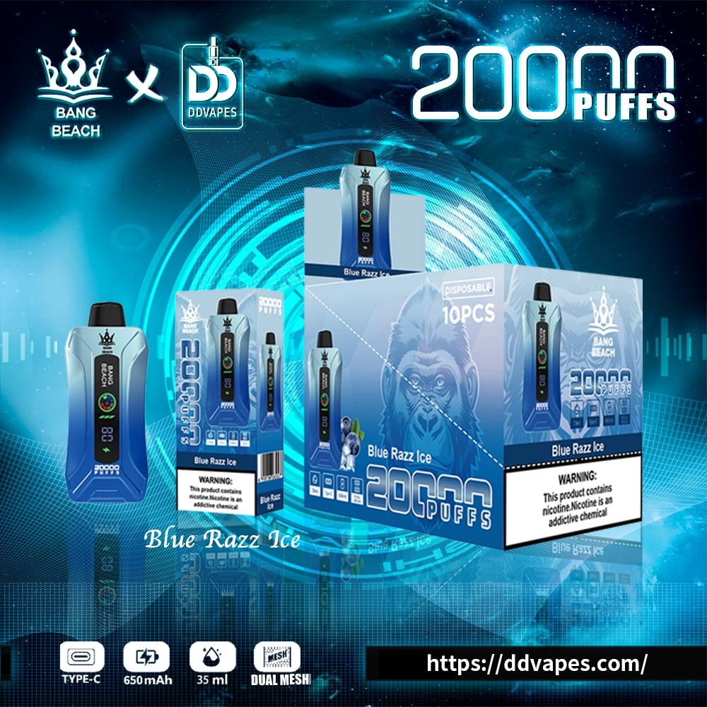 Promotional graphic for Bang Beach x DDVapes 20000 Puffs Blue Razz Ice disposable vape packaging and device