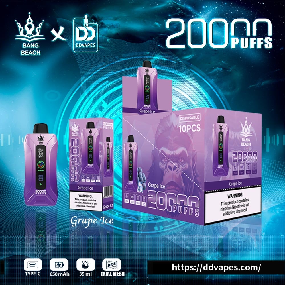 Promotional ad for Bang Beach x DDVapes 20000 puffs grape ice disposable vape with purple devices and packaging