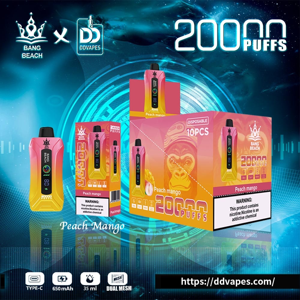Promotional graphic for Bang Beach x DDVapes Peach Mango 20,000-puff disposable vape with boxes and device visuals