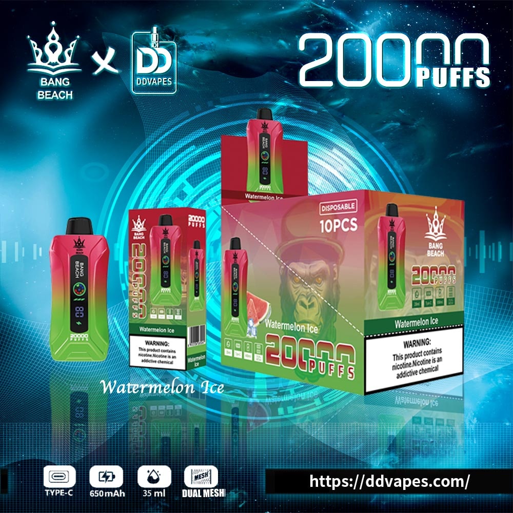 Bang Beach x DDVapes 20000 puffs watermelon ice disposable vape ad with product boxes and device