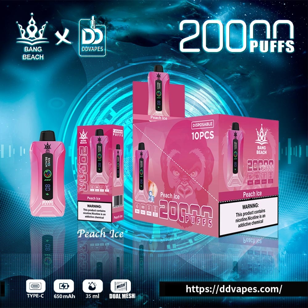Pink Peach Ice disposable vape ad showing Bang Beach x DDVapes 20000 puffs boxes and device on a blue sci-fi background