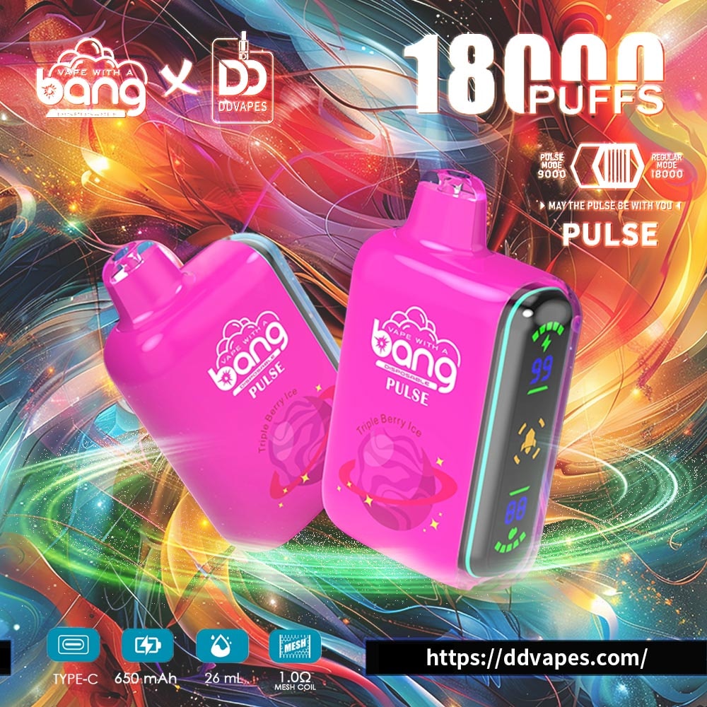 Bright ad for pink Bang Pulse vape devices with colorful swirls, showing 18,000 puffs and product features