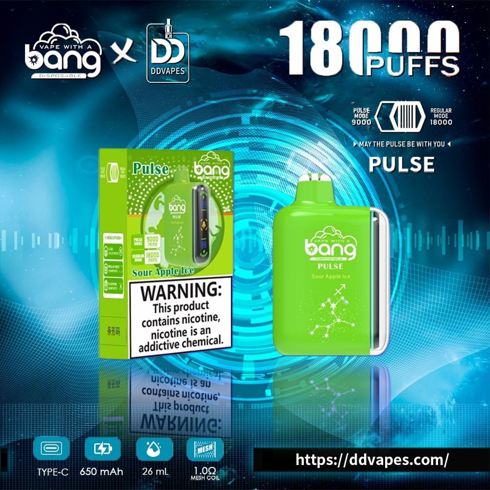 Promotional image of a green Bang Pulse disposable vape, Sour Apple Ice, with packaging and 18,000 puffs text