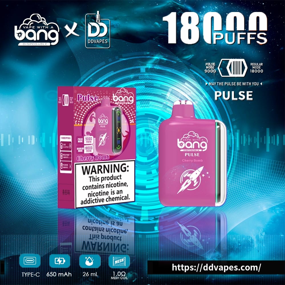 Promotional ad for Bang Pulse Cherry Bomb disposable vape with box, device, and 18,000 puffs text