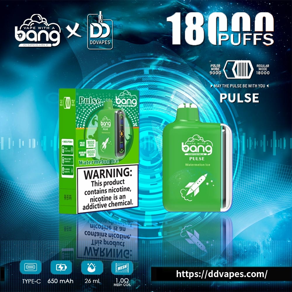 Promotional ad for Bang Pulse Watermelon Ice vape, showing the device, box, 18,000 puffs, and nicotine warning