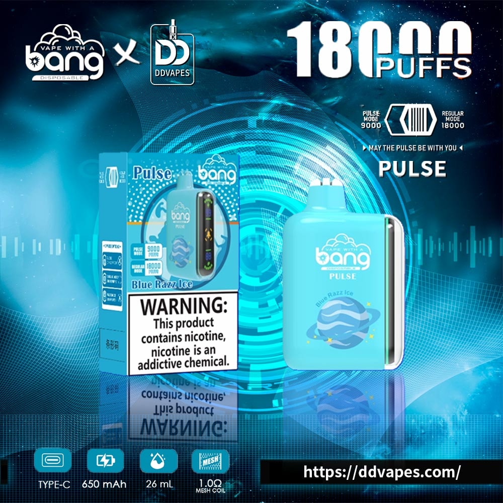Promotional ad for Bang Pulse disposable vape in Blue Razz Ice, showing the device, box, and 18,000 puffs claim