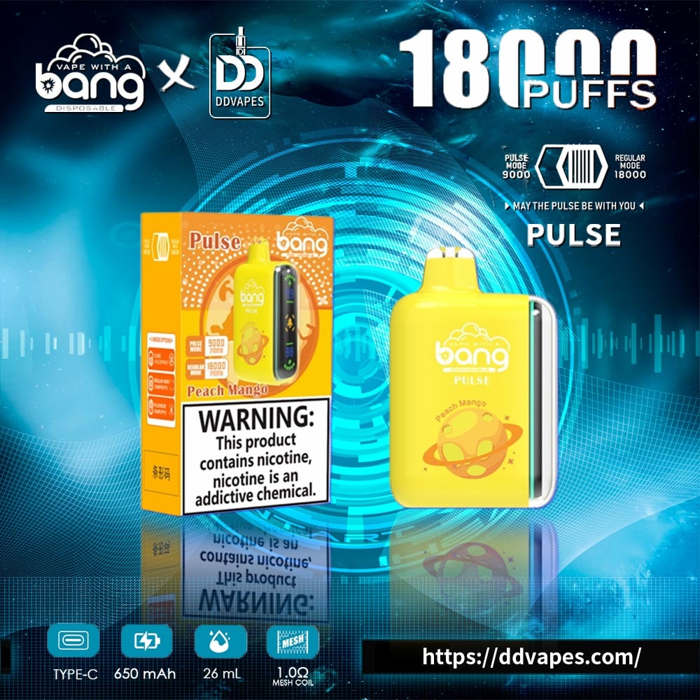 Promotional graphic for Bang x DDVapes Pulse disposable vape, showing the device, box, and “18000 PUFFS” text