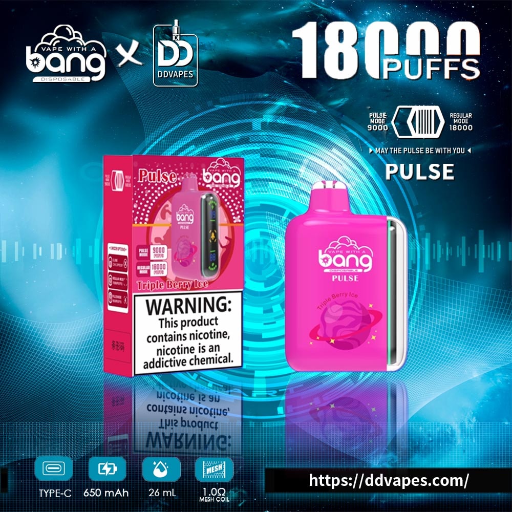 Promotional graphic for Bang Pulse disposable vape, triple berry ice flavor, with 18,000 puffs and nicotine warning