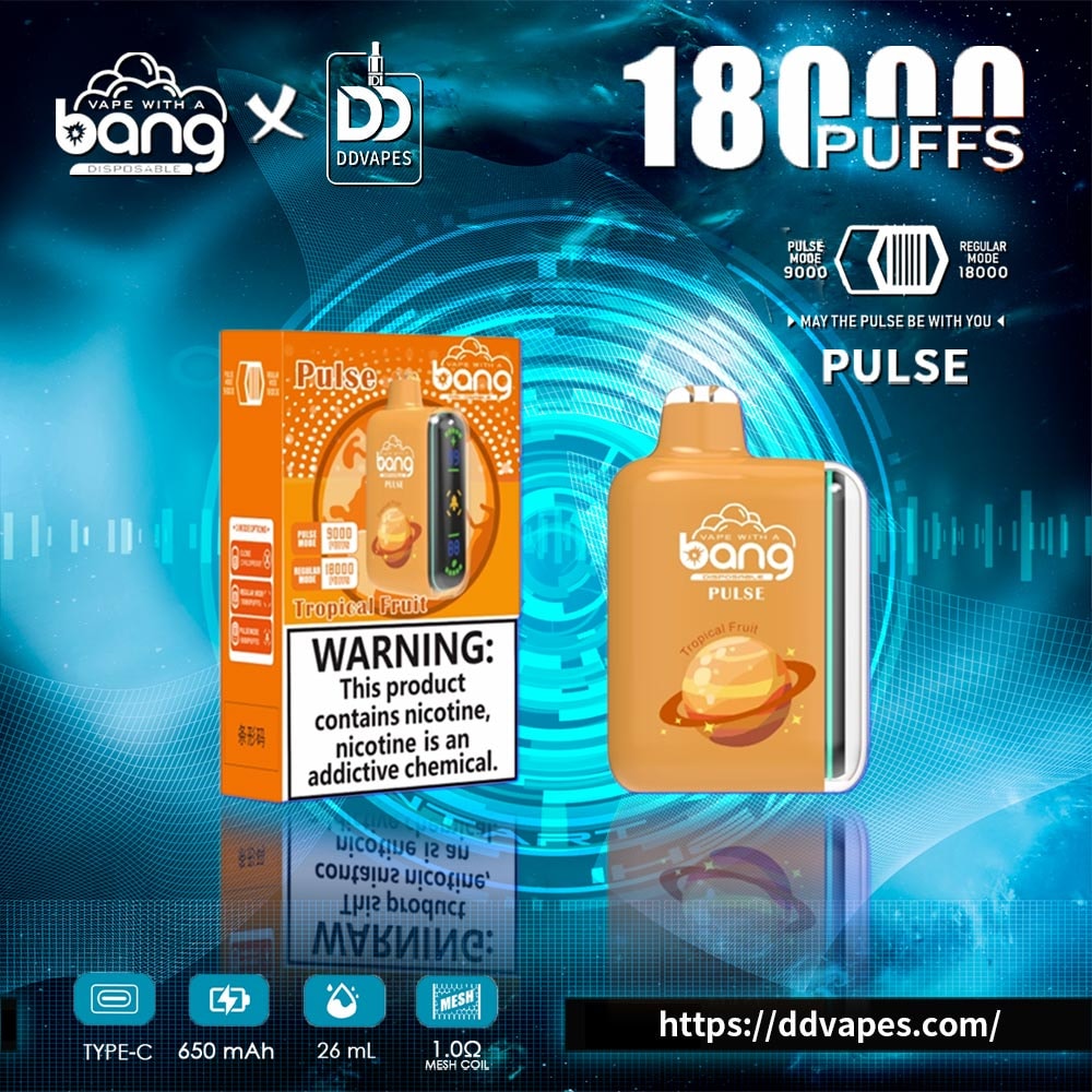 Promotional ad for Bang Pulse disposable vape with box, device, 18,000 puffs, and nicotine warning