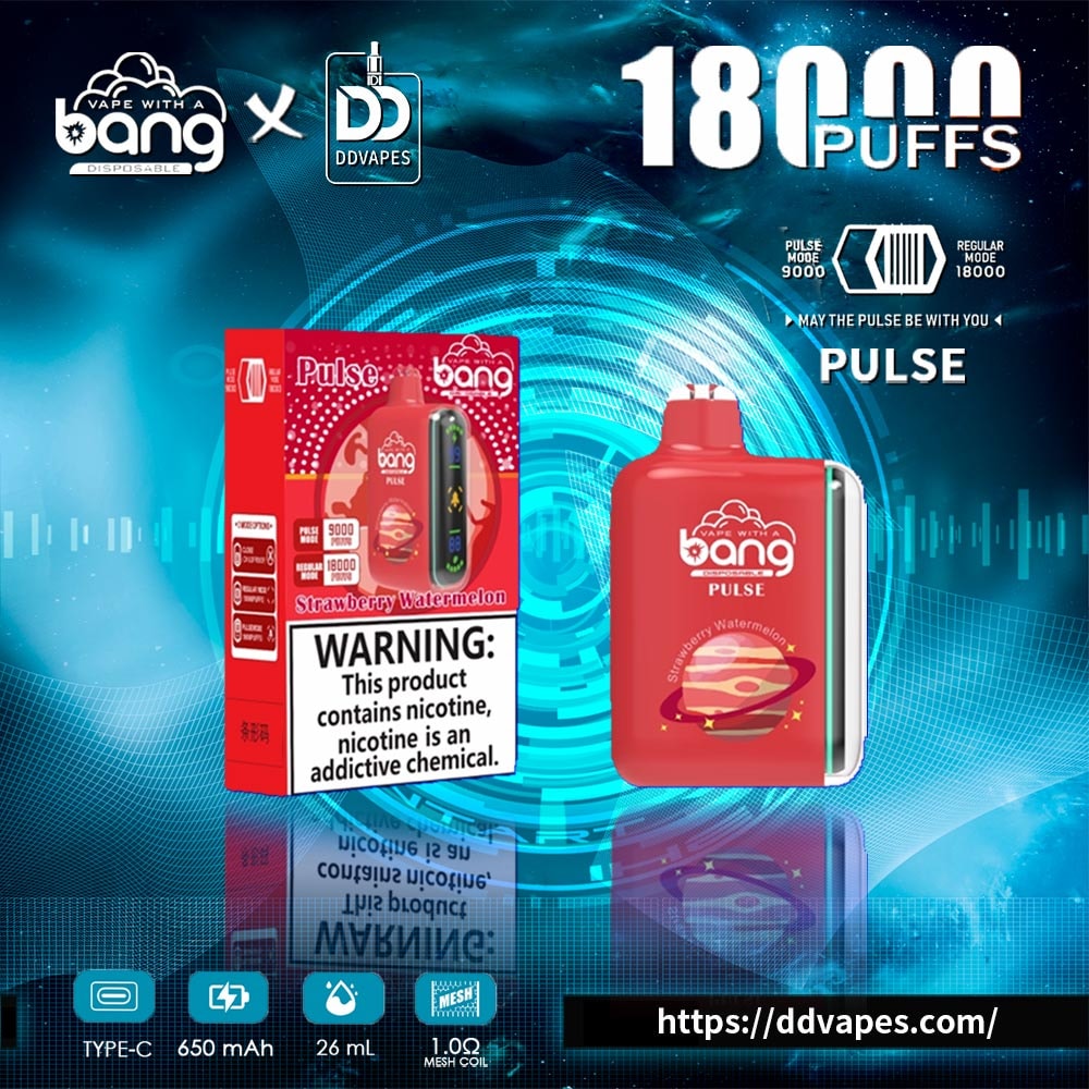 Promotional graphic for Bang Pulse disposable vape in strawberry watermelon with 18,000 puffs and warning label