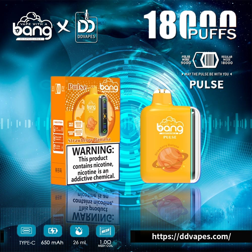Promotional graphic for Bang Pulse disposable vape, Strawberry Banana flavor, with 18,000 puffs and warning label