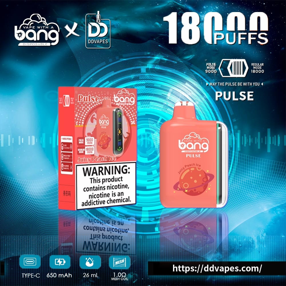 Promotional graphic for Bang Pulse disposable vape in juicy peach ice flavor, showing device, box, and 18,000 puffs claim