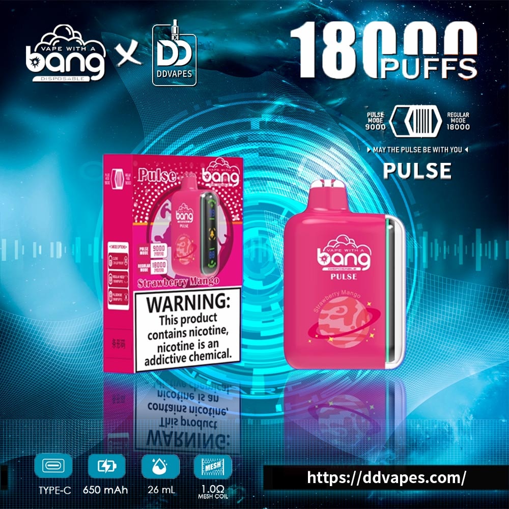 Promotional graphic for Bang Pulse disposable vape in strawberry mango, showing device, box, and 18,000 puffs claim