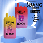 Colorful ad for BANG Leader vape devices in yellow and red, labeled 8000 puffs and three flavors