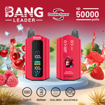 Red Bang Leader vape advertisement with double flavor, up to 50,000 puffs, fruit graphics, and device feature icons