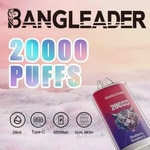 BANGLEADER 20000 PUFFS vape ad with tiger graphic and feature icons for 28ml, Type-C, 650mAh, and dual mesh