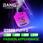 Neon ad for a pink Bang Leader vape showing 32,000 puffs, Type-C charging, 650mAh, and dual mesh