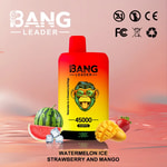Bang Leader vape device with watermelon, strawberry, and mango flavor graphics and 45000 puffs text
