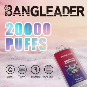 BANGLEADER 20000 PUFFS vape ad with tiger graphic and feature icons for 28ml, Type-C, 650mAh, and dual mesh